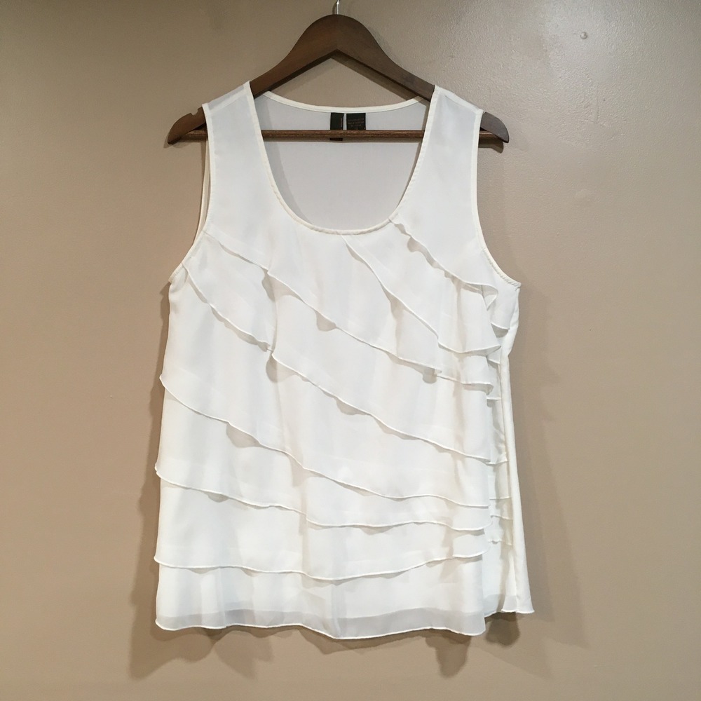 Serenade Tiered Ruffle Tank Top Womens 1X White Romantic Ethereal Feminine Work